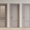Light Gray Hinged Doors With Golden Handles Glass Panes Arched Top And Flat Panel Design 3d model