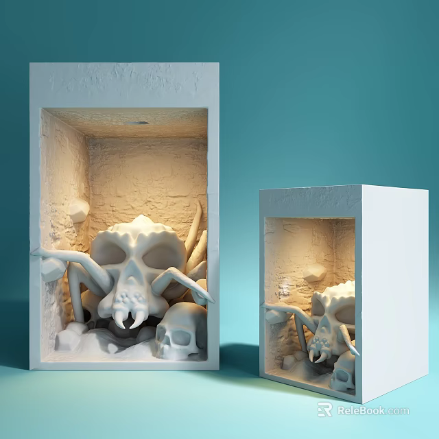 White Stone Skull Spider Sculpture Carving In Display Box With Light Blue Background 3d model 