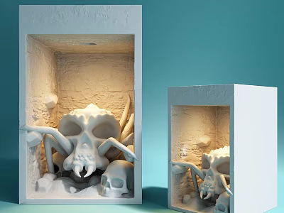 White Stone Skull Spider Sculpture Carving In Display Box With Light Blue Background 3d model