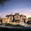 Luxury Detached Villa European Architecture with Towers Balconies Lush Trees and Lawn