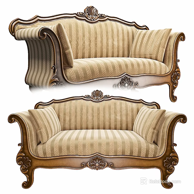 Elegant Classical Two Seater Sofa with Carved Wooden Frame and Striped Fabric Cushions 3d model 