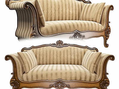 Elegant Classical Two Seater Sofa with Carved Wooden Frame and Striped Fabric Cushions 3d model