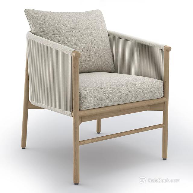 Light Colored Wooden Frame Accent Chair with Woven Sides and Padded Seat Backrest 3d model 