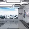 Modern Exhibition Hall Interior With Urban Skyline Background LED Lighting And Display Panels