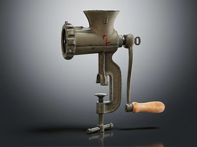 Vintage Manual Meat Grinder Kitchen Appliance With Metal Body And Wooden Handle 3d model
