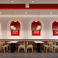 Modern Restaurant Interior Design With Wooden Tables Hanging Lamps And Red Wall Decor