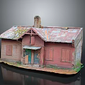 Small House Model With Worn Out Appearance Red Walls Rusted Roof Weeds And Chimney