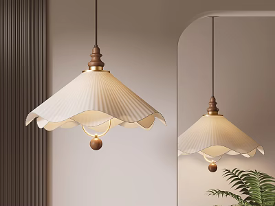Modern Pleated Pendant Light Featuring Wooden Finial And Cream Scalloped Shade 3d model