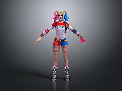 Harley Quinn Costume With Pink Blue Pigtails Daddys Lil Monster Top Blue Shorts And Tattoos 3d model