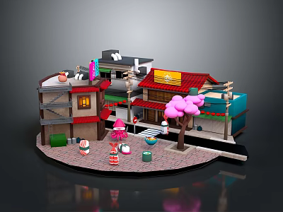 Colorful Miniature Town Landscape With Red Roof Buildings Pink Tree Stone Path And Decorations 3d model