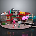 Colorful Miniature Town Landscape With Red Roof Buildings Pink Tree Stone Path And Decorations