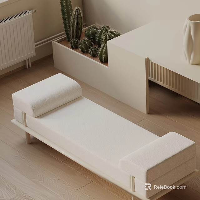 Modern White Upholstered Sofa Bench In Room With Wooden Floor And Cacti Plants 3d model 