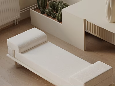 Modern White Upholstered Sofa Bench In Room With Wooden Floor And Cacti Plants 3d model