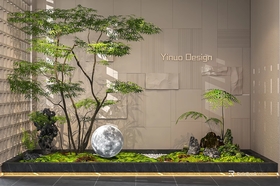 Floral Art Installation Featuring Green Trees Moon Shaped Ball Stones Moss And Wall 3d model 
