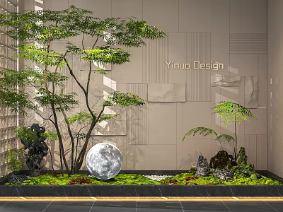 Floral Art Installation Featuring Green Trees Moon Shaped Ball Stones Moss And Wall 3d model