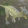 Green Yellow Patterned Dinosaur Reptile With Horned Frill In Outdoor Forest