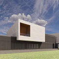 Modern Geometric Building Exterior White Dark Facade Lawn Trees Wooden Deck Water And Cloudy Sky