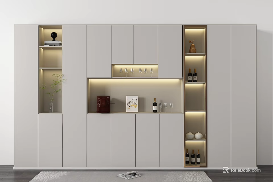 Modern White Wine Cabinet Interior With Lighting Design And Decorative Wine Bottles And Glasses 3d model 