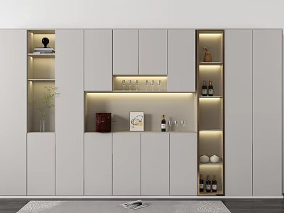 Modern White Wine Cabinet Interior With Lighting Design And Decorative Wine Bottles And Glasses 3d model