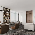 Contemporary Office Space With Comfortable Seating Bookshelves And Large Windows