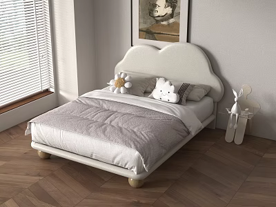 Kids Bed With Cloud Shaped Headboard White Light Gray Bedding Stuffed Toys Wooden Legs 3d model