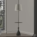 Contemporary Floor Lamp With White Shade Metal Pole Side Tray Near Window And Green Plant