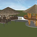Garden Ornaments With Thatched Pavilions Wooden Platforms And Lush Green Trees