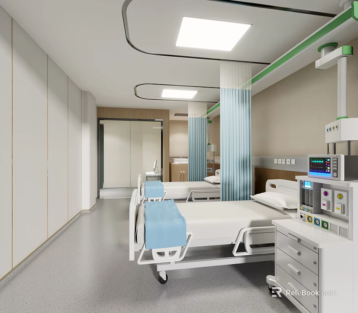Modern Hospital Room Interior With Patient Bed Blue Blanket And Medical Equipment 3d model 