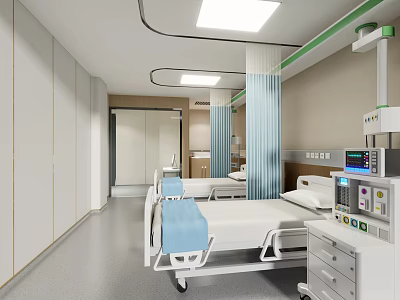 Modern Hospital Room Interior With Patient Bed Blue Blanket And Medical Equipment 3d model
