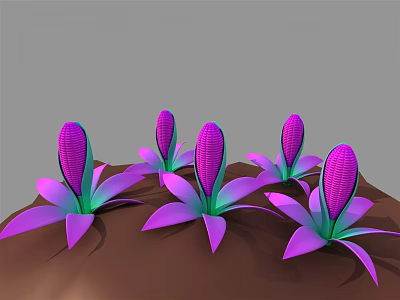 Cartoon Scene With Purple Flowers Pink Petals Green Stamens On Brown Ground 3d model