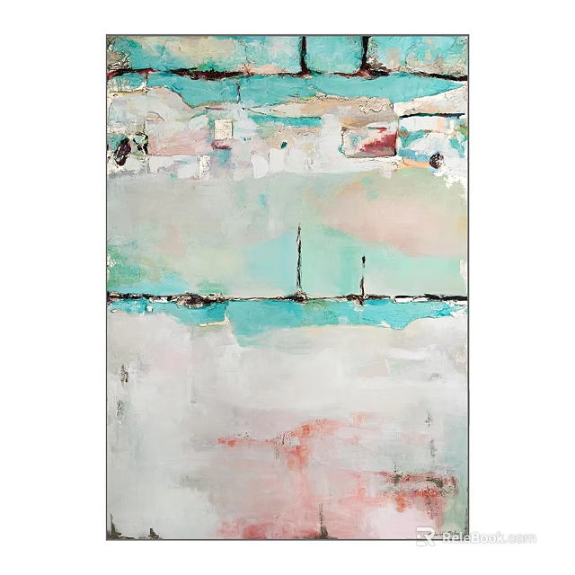 Contemporary Abstract Painting Featuring Soft Teal Pink White Tones And Textured Brushstrokes 3d model 