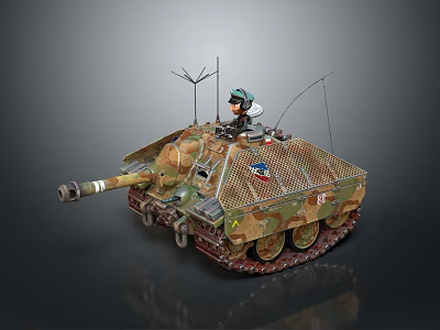Military Tank With Camouflage Paint Antennas Mesh Covering on Top And Crew Member Figure 3d model