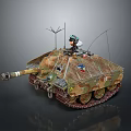 Military Tank With Camouflage Paint Antennas Mesh Covering on Top And Crew Member Figure