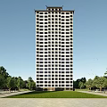 High Rise Residential Building With Green Surroundings Road Access Parking Spaces and Urban Landscape View