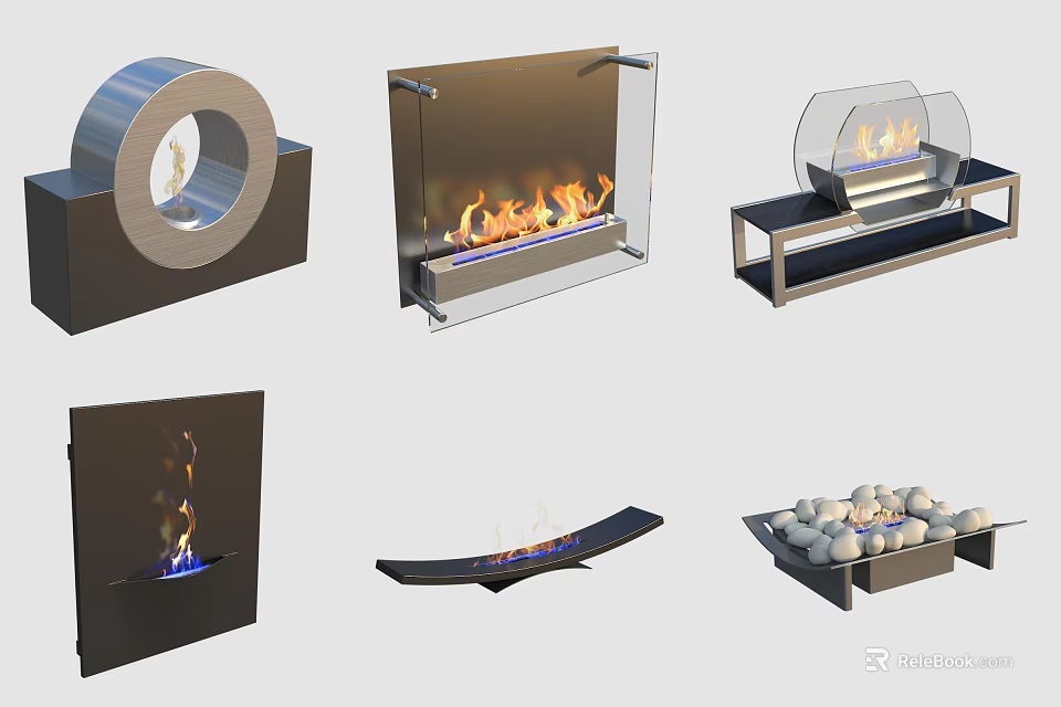 Modern Fireplace Designs With Various Styles Including Glass Front And Wall Mounted Options 3d model 