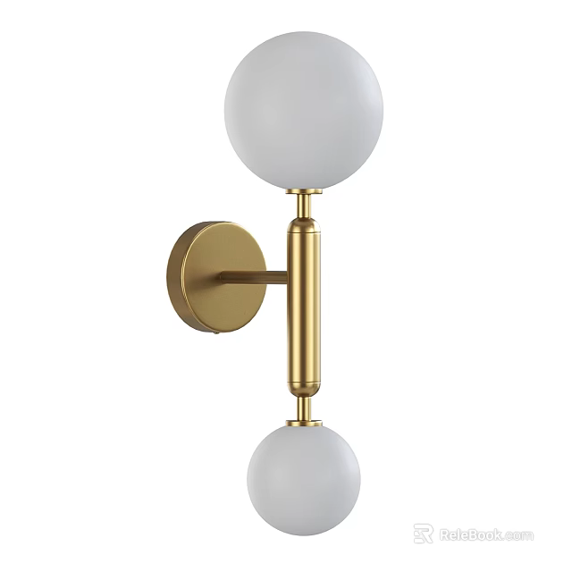 Wall Sconce With Two White Globe Shades And Golden Metal Bracket 3d model 