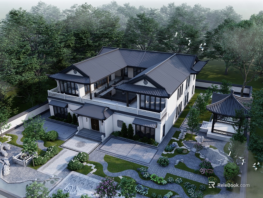 Traditional Chinese Detached Villa Surrounded by Lush Gardens and Trees With Courtyard and Pavilion Design 3d model 