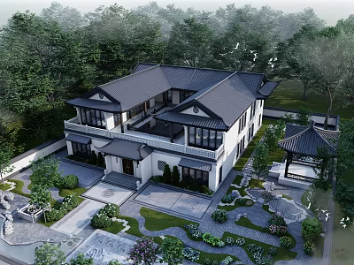 Traditional Chinese Detached Villa Surrounded by Lush Gardens and Trees With Courtyard and Pavilion Design 3d model