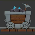 3D Render of Mine Cart on Rail Tracks with Colorful Ores and Hammer Model Design