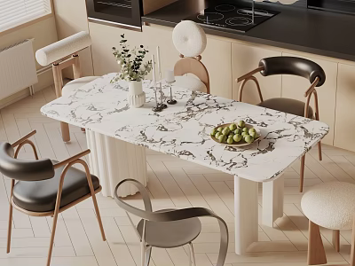 Modern Dining Table Set With Marble Tabletop Chairs Vase Green Plants And Apple Bowl 3d model