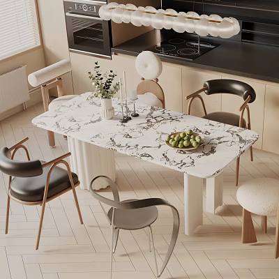 Modern Dining Table Set With Marble Tabletop Chairs Vase Green Plants And Apple Bowl 3d model