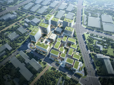 Aerial View Urban Planning With Green Rooftops Modern Buildings And Road Layout 3d model