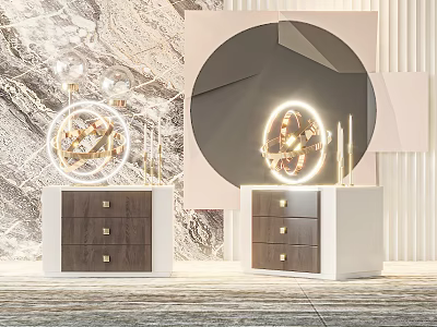 Modern Nightstand Design With Wooden Drawers Round Mirror Lamp And Marble Background 3d model