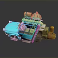 Stylized Blue Cartoon Car With Roof Items Yellow Pipes And Brass Parts