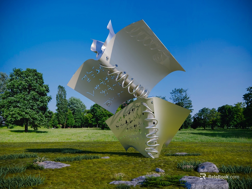 Modern Metal Sculpture Featuring Folded Sheets Spiral Structure In Outdoor Green Grassland With Trees 3d model 