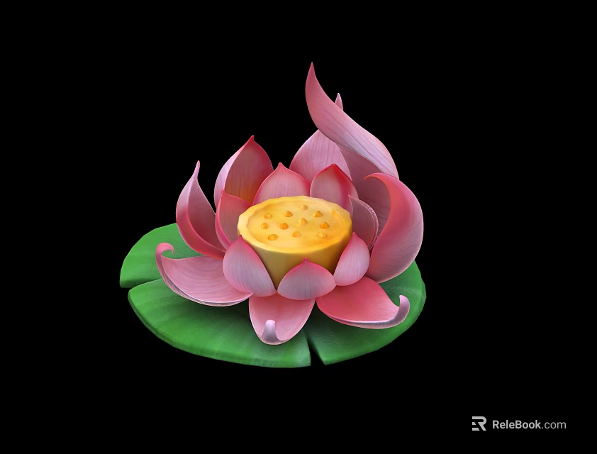 Cartoon Lotus Flower With Pink Petals Yellow Stamen And Green Lily Pad On Black Background 3d model 