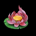 Cartoon Lotus Flower With Pink Petals Yellow Stamen And Green Lily Pad On Black Background