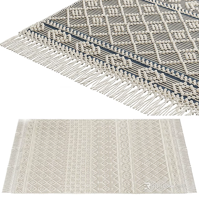 Square Rug With Geometric Pattern Woven Design And Fringe Detail For Home Decor 3d model 