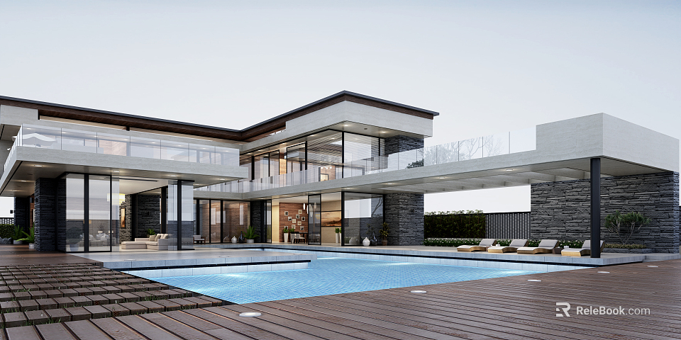Modern Detached Villa Featuring Swimming Pool Glass Walls Stone Accents Wooden Deck And Outdoor Terrace 3d model 