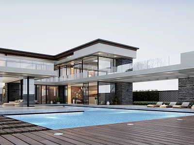 Modern Detached Villa Featuring Swimming Pool Glass Walls Stone Accents Wooden Deck And Outdoor Terrace 3d model